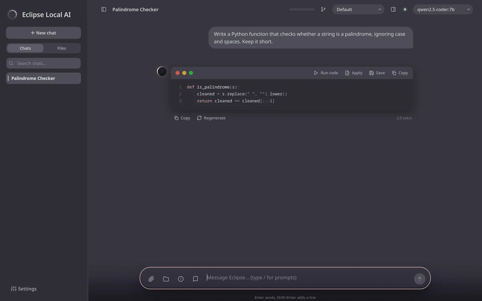 An answer with a Python function and buttons to run, apply, save or copy it.