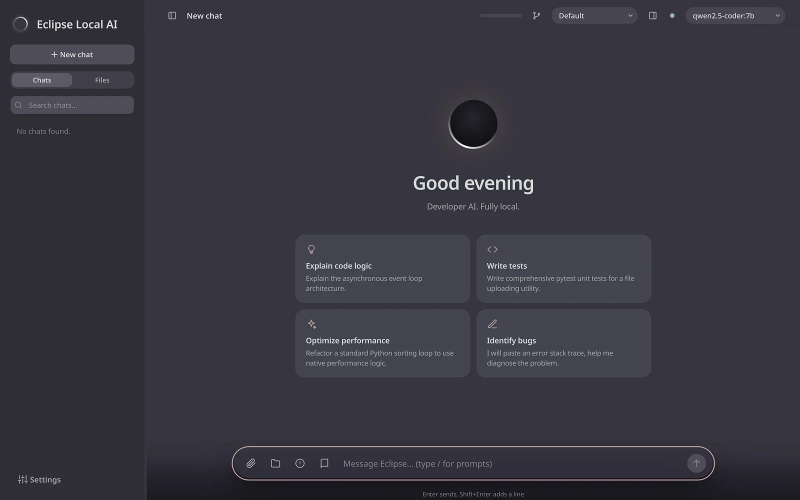 The welcome screen with the eclipse emblem and four suggested prompts.