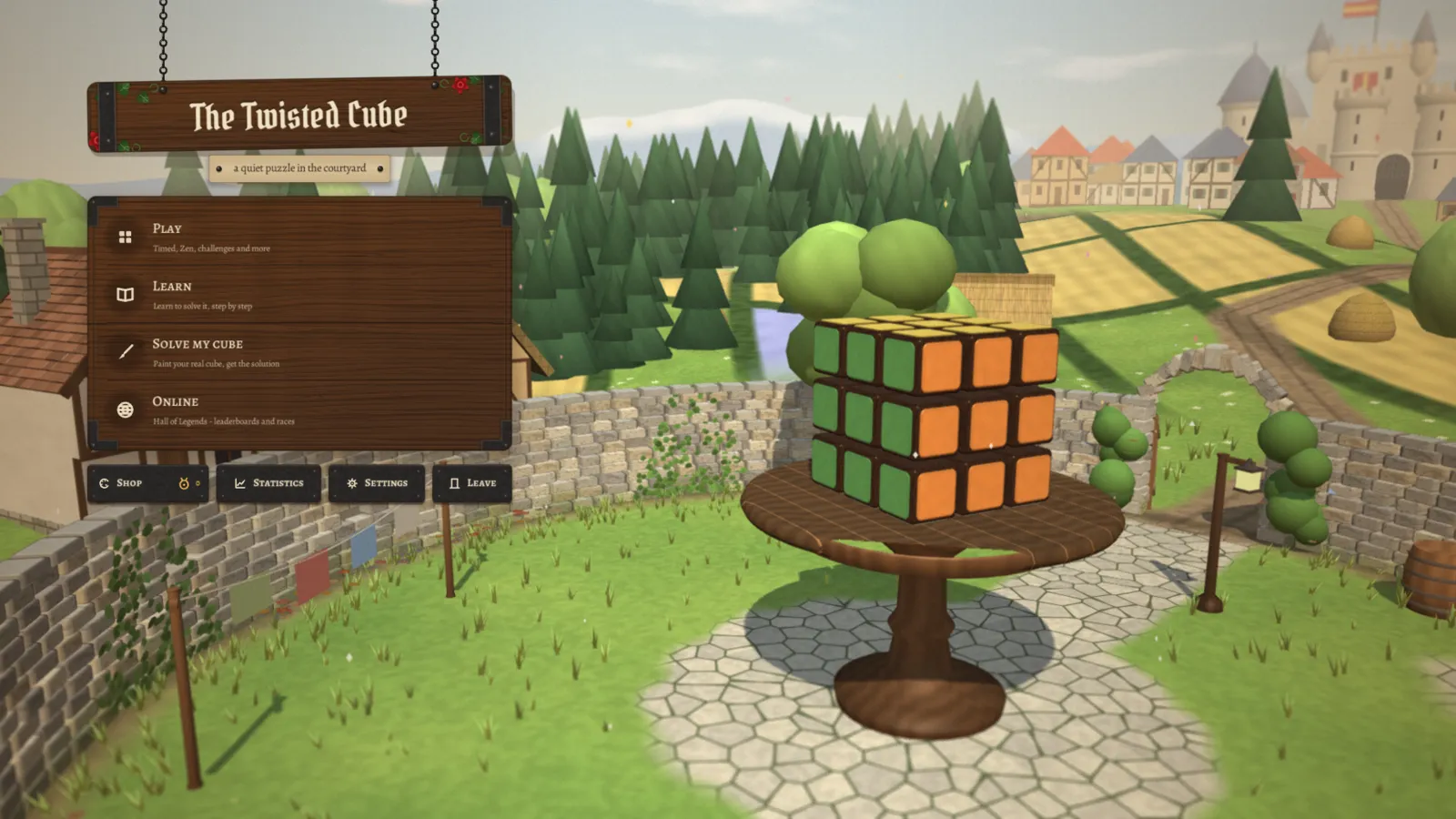 The main menu: a hanging wooden sign and a carved menu board beside the cube.