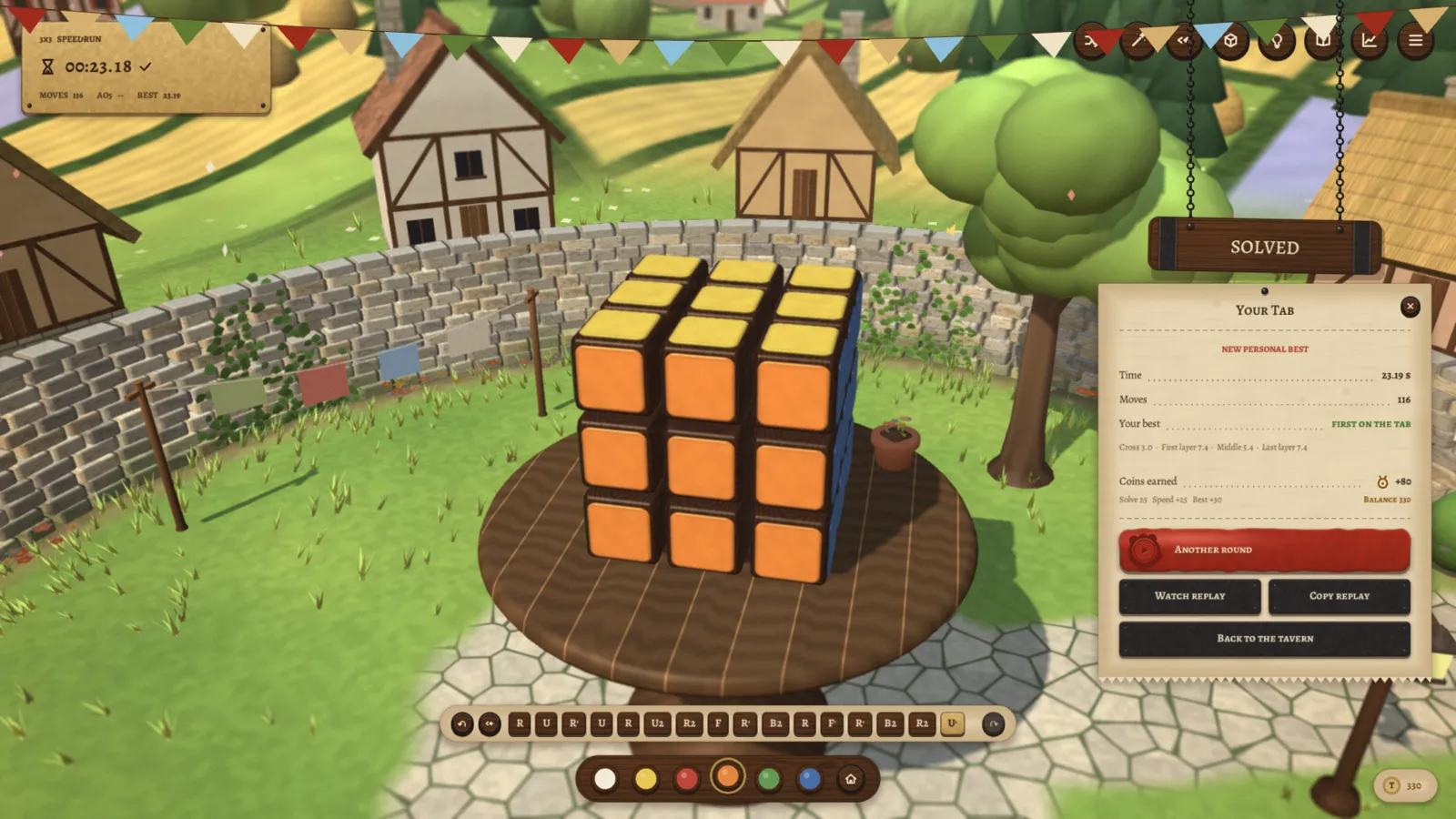 A solved cube with bunting, a SOLVED sign and a result card.